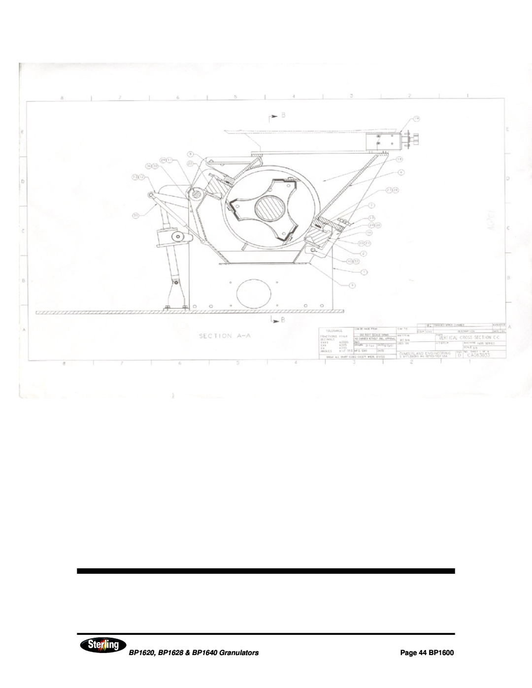 Sterling installation manual BP1620, BP1628 & BP1640 Granulators, Page 44 BP1600 