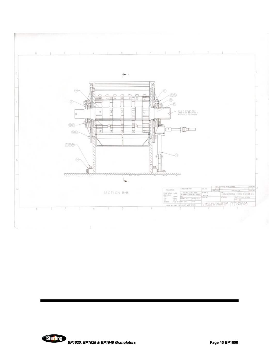 Sterling installation manual BP1620, BP1628 & BP1640 Granulators, Page 45 BP1600 