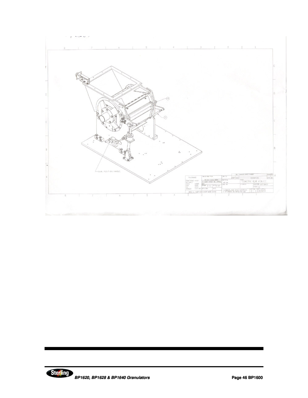 Sterling installation manual BP1620, BP1628 & BP1640 Granulators, Page 46 BP1600 