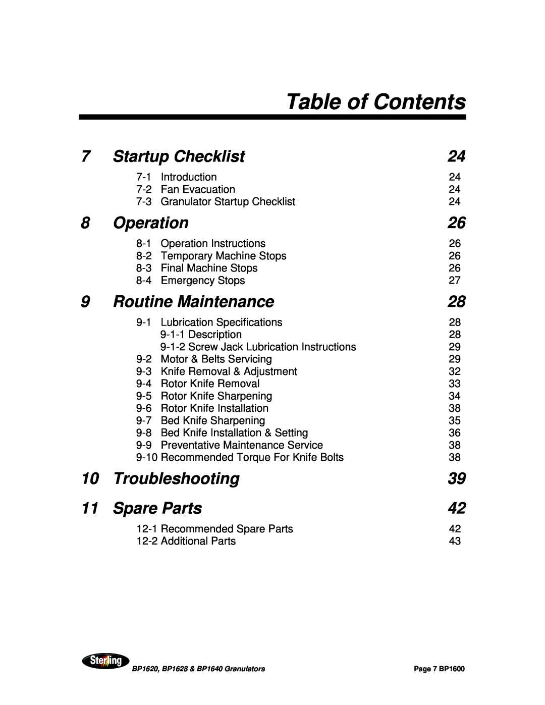 Sterling BP1640, BP1628, BP1620 installation manual Table of Contents, Startup Checklist 