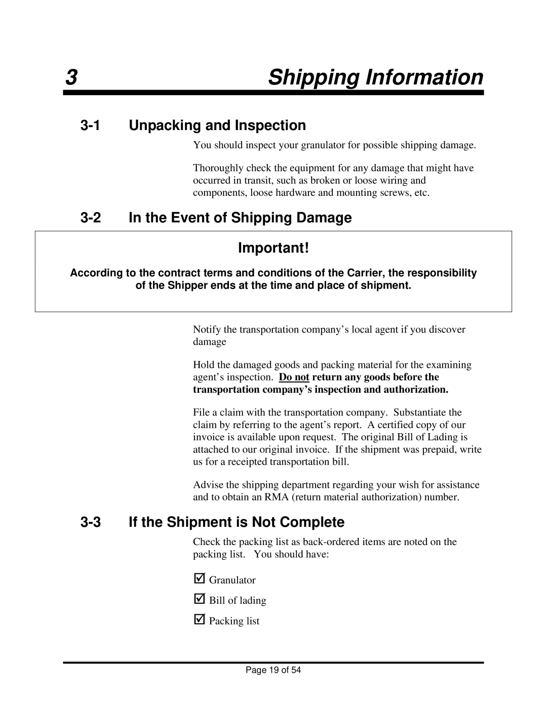 Sterling BP818, BP814, BP810 manual Unpacking and Inspection, Event of Shipping Damage, If the Shipment is Not Complete 