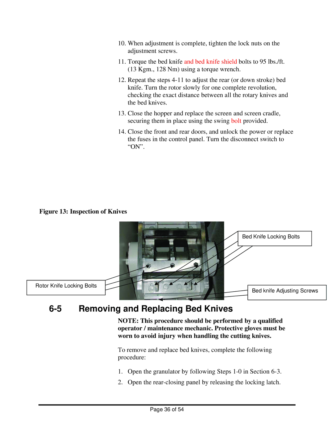 Sterling BP814, BP818, BP810 manual Removing and Replacing Bed Knives, Inspection of Knives 