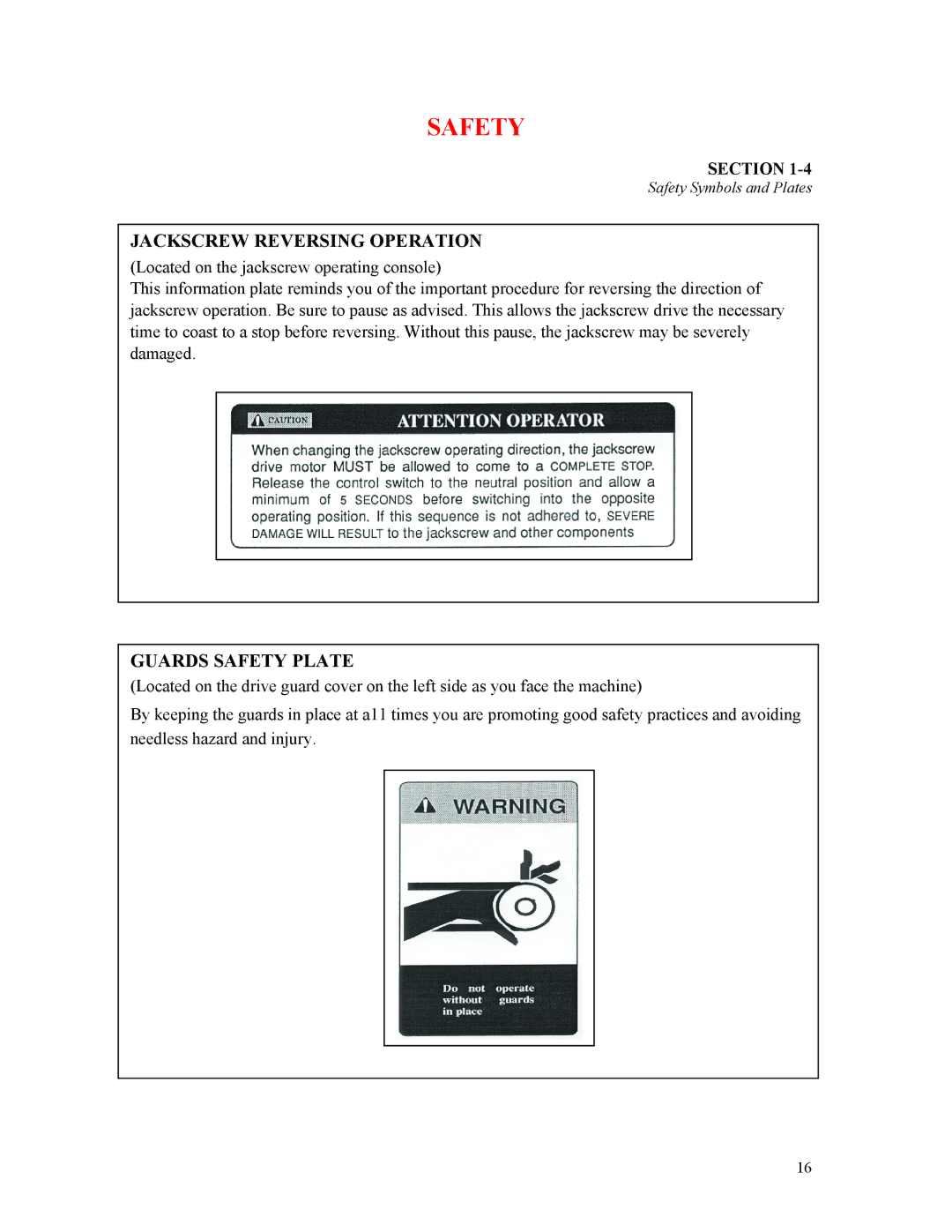 Sterling D48160s manual Jackscrew Reversing Operation, Guards Safety Plate 
