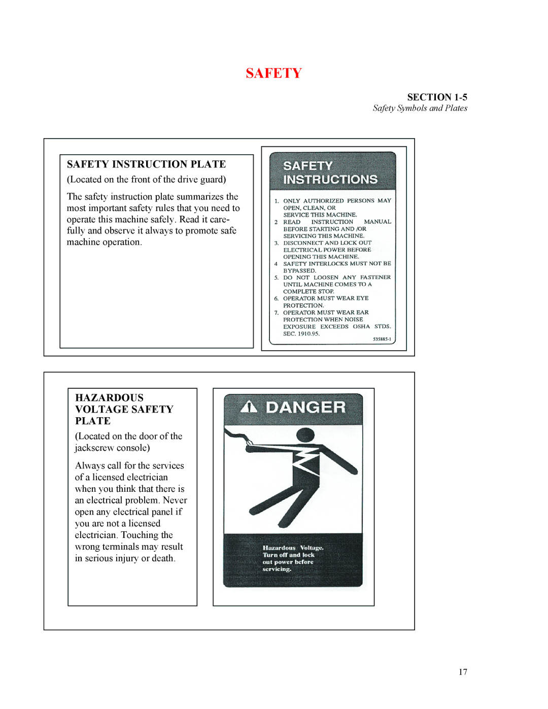 Sterling D48160s manual Safety Instruction Plate, Hazardous Voltage Safety Plate 