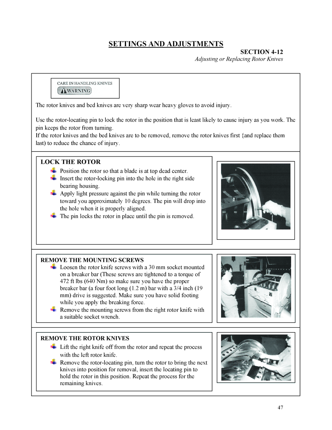 Sterling D48160s manual Lock the Rotor, Remove the Mounting Screws, Remove the Rotor Knives 