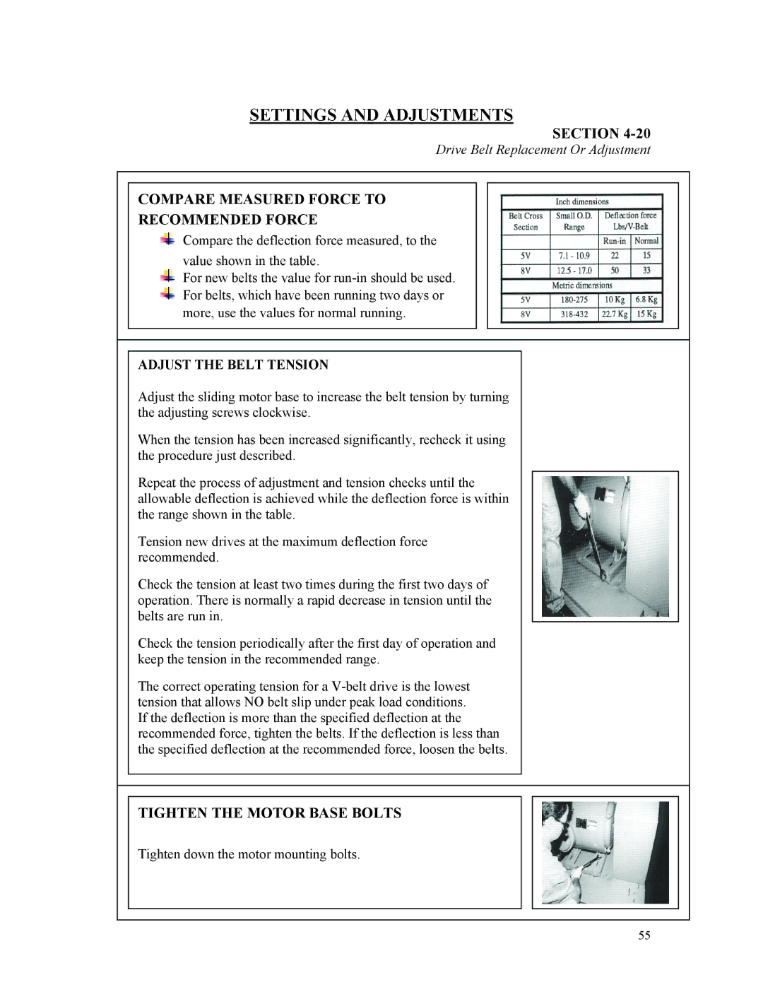 Sterling D48160s manual Compare Measured Force to Recommended Force, Tighten the Motor Base Bolts, Adjust the Belt Tension 