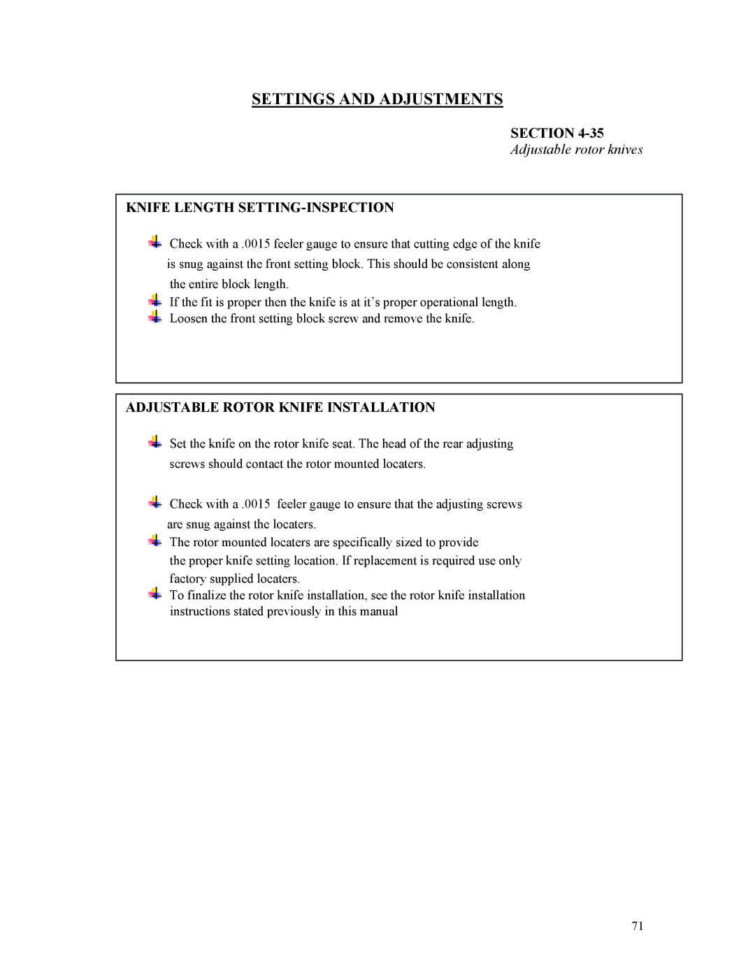 Sterling D48160s manual Knife Length SETTING-INSPECTION, Adjustable Rotor Knife Installation 