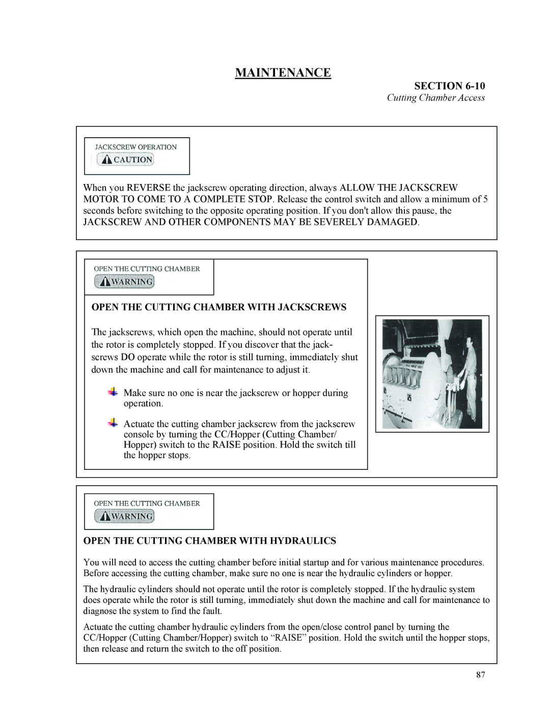 Sterling D48160s manual Open the Cutting Chamber with Jackscrews, Open the Cutting Chamber with Hydraulics 