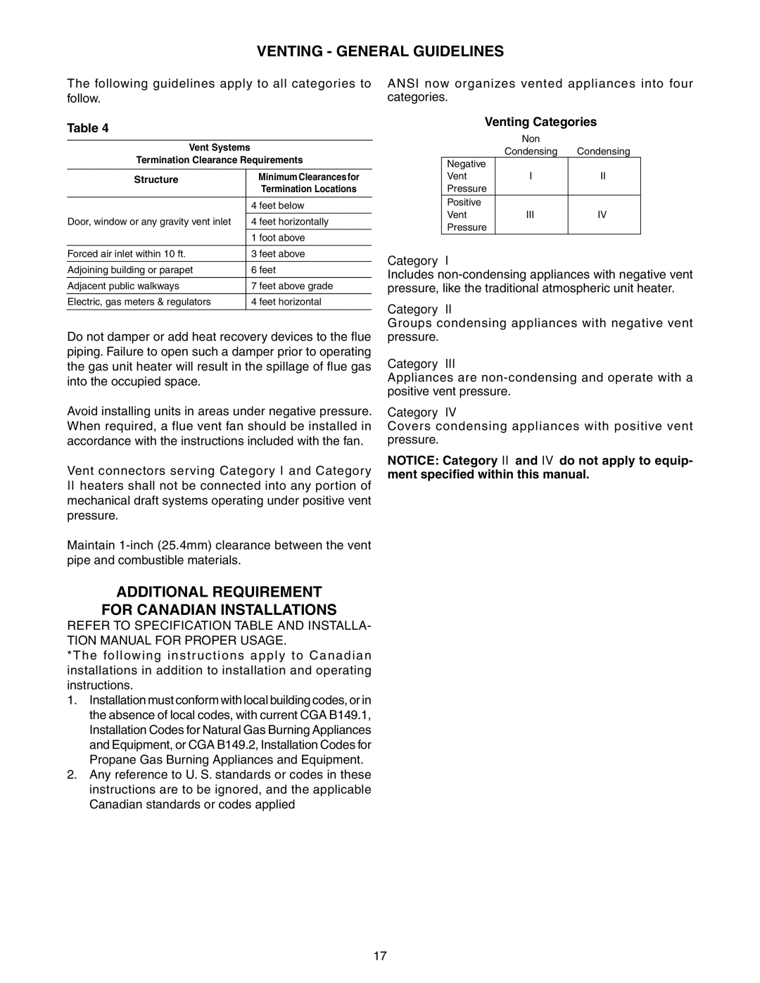 Sterling GG-45, GG-90, GG-75, GG-60, GG-120, GG-30, GG-105 specifications Venting General Guidelines, Venting Categories 