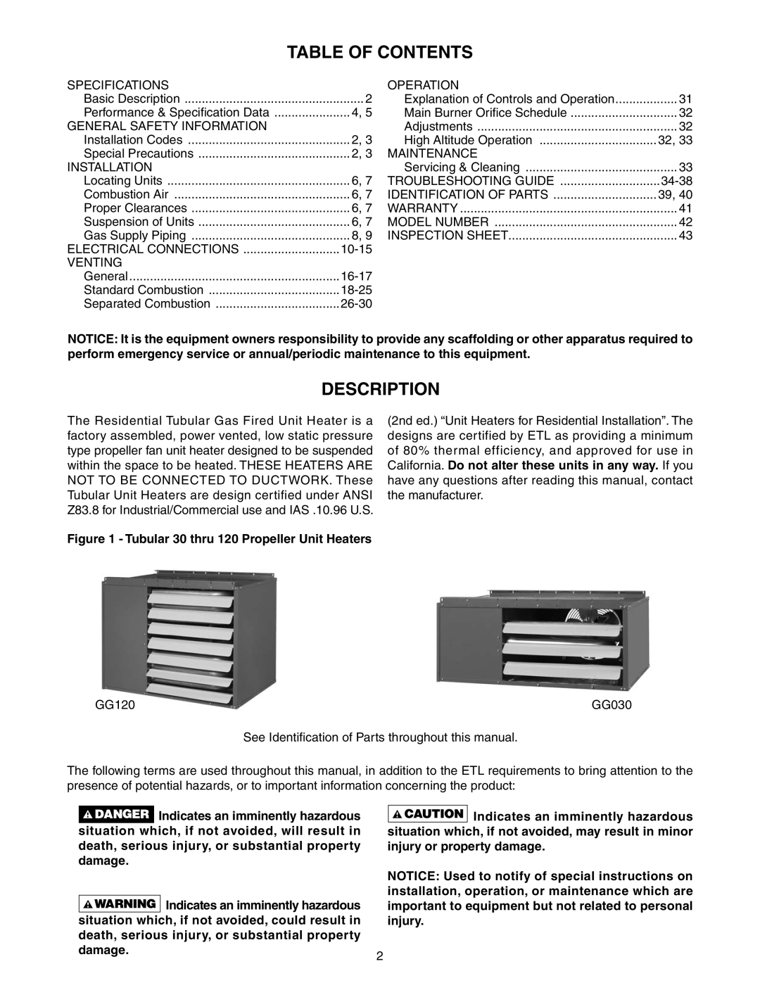 Sterling GG-60, GG-90, GG-75, GG-45, GG-120, GG-30, GG-105 specifications Table of Contents, Description 