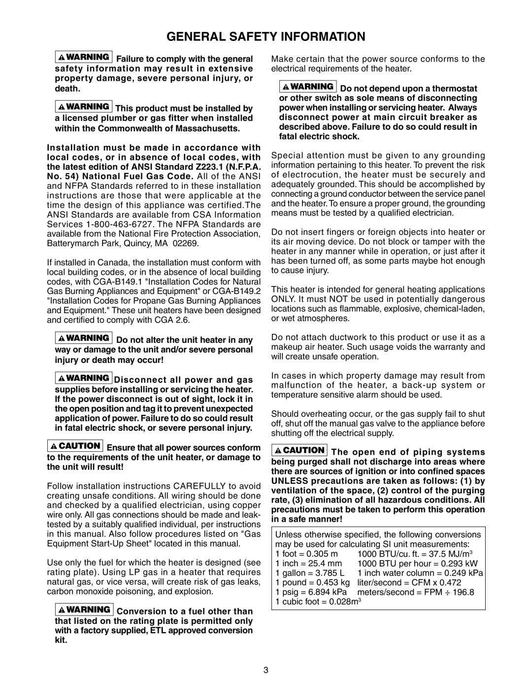 Sterling GG-45, GG-90, GG-75, GG-60, GG-120, GG-30, GG-105 specifications General Safety Information 