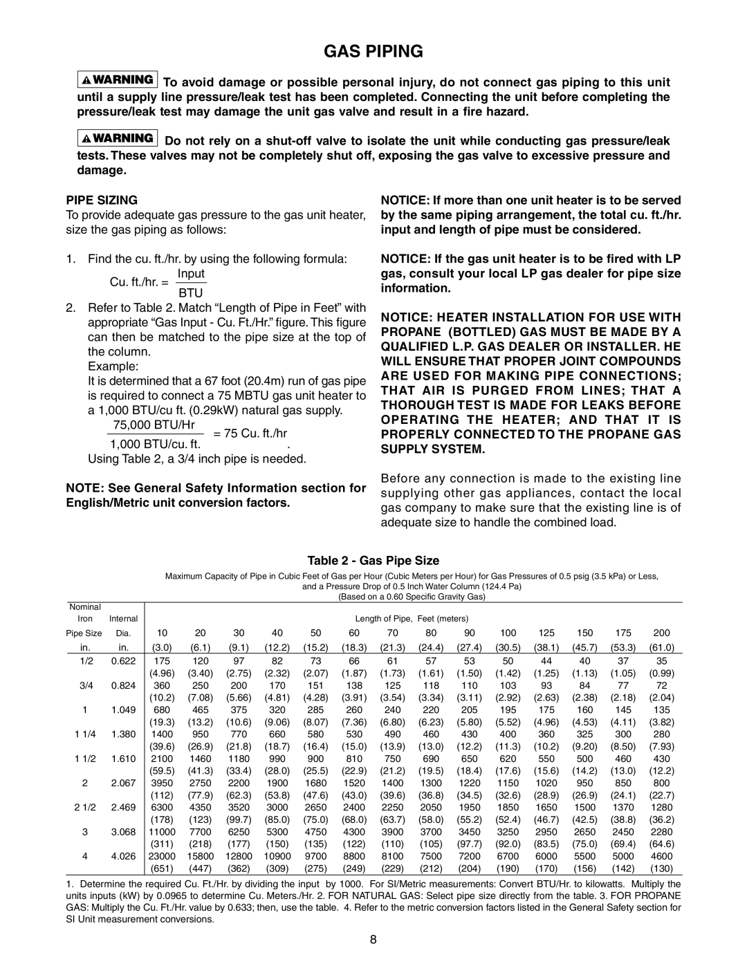 Sterling GG-75, GG-90, GG-60, GG-45, GG-120, GG-30, GG-105 specifications GAS Piping, Pipe Sizing, Gas Pipe Size 