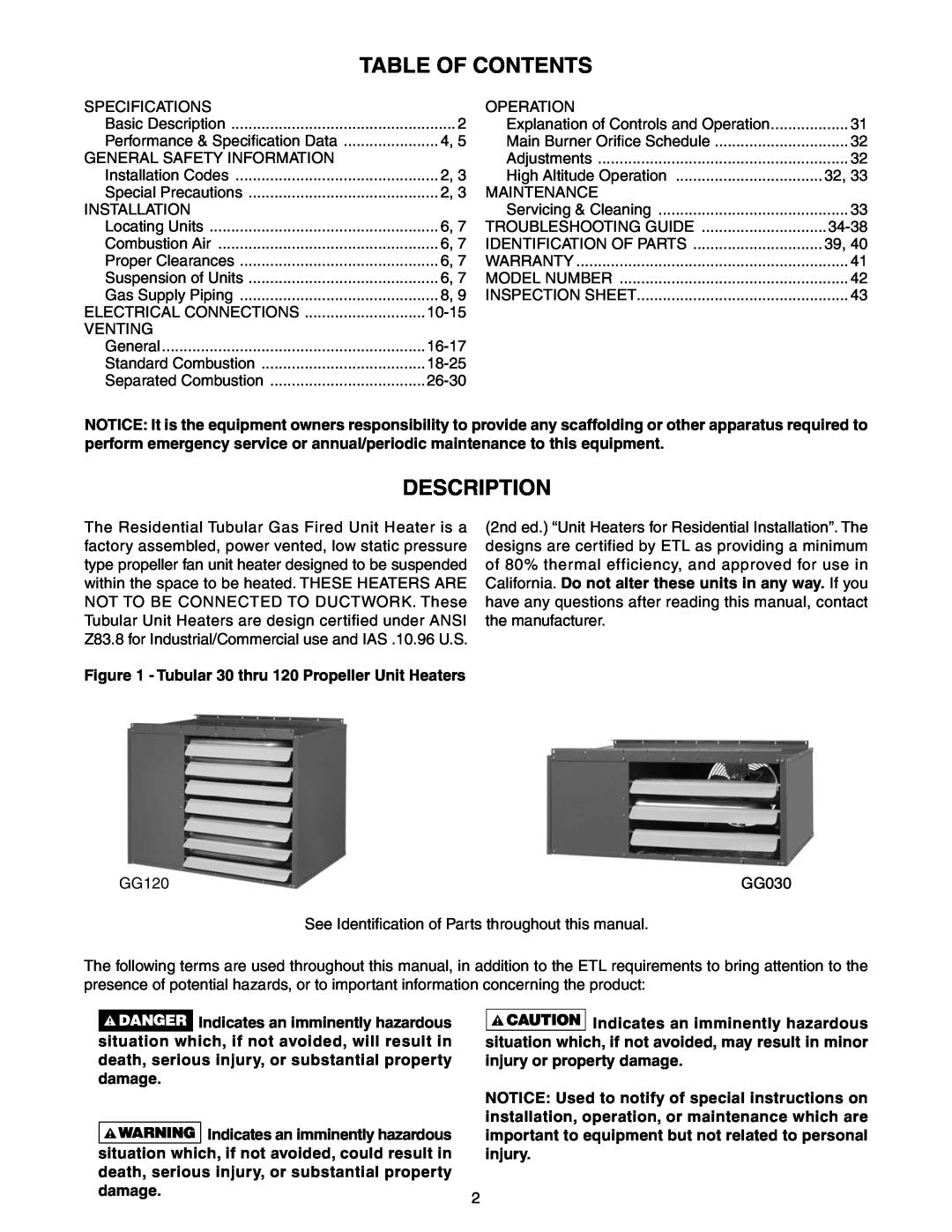 Sterling GG-60, GG-90, GG-75, GG-45, GG-120, GG-30, GG-105 specifications Table Of Contents, Description 