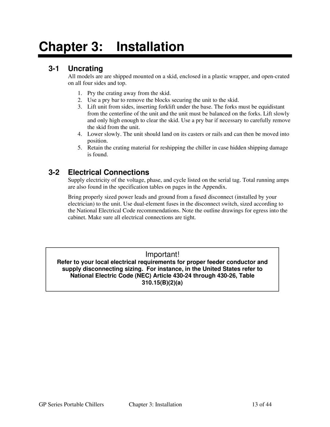 Sterling GP Series specifications Installation, Uncrating, Electrical Connections 