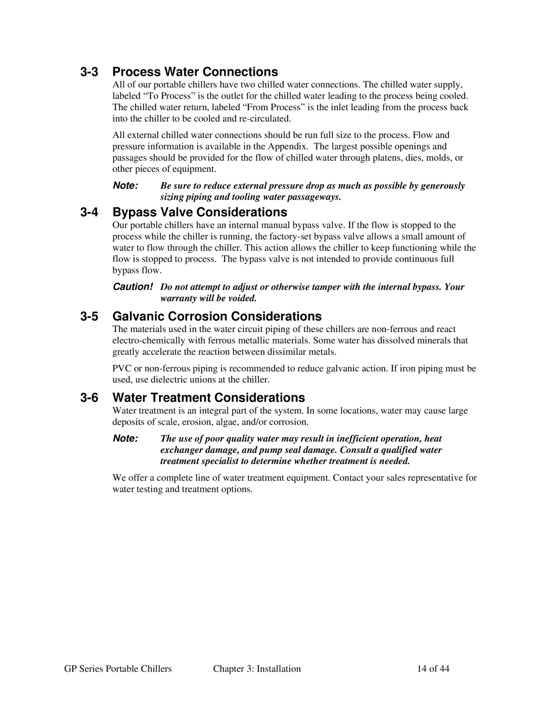 Sterling GP Series specifications Process Water Connections, Bypass Valve Considerations, Galvanic Corrosion Considerations 