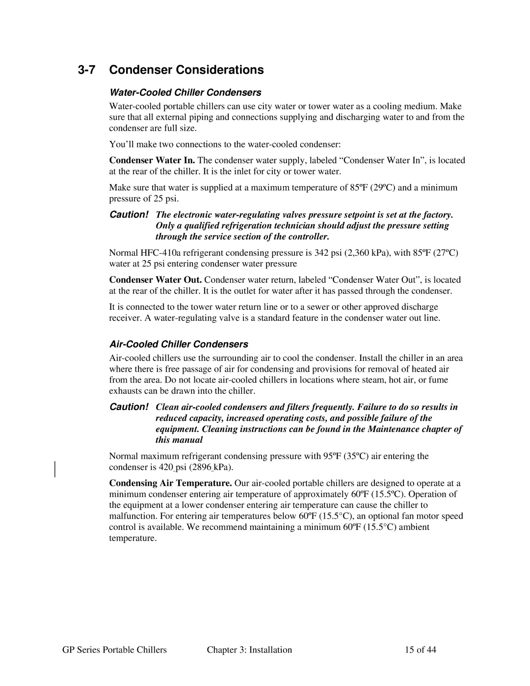 Sterling GP Series specifications Condenser Considerations, Water-Cooled Chiller Condensers, Air-Cooled Chiller Condensers 