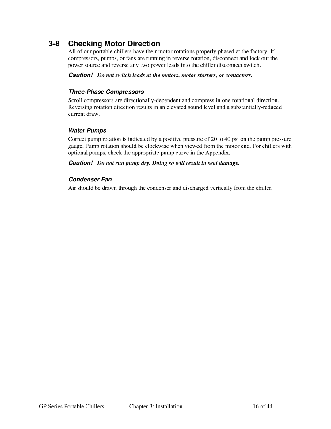 Sterling GP Series specifications Checking Motor Direction, Three-Phase Compressors, Water Pumps, Condenser Fan 