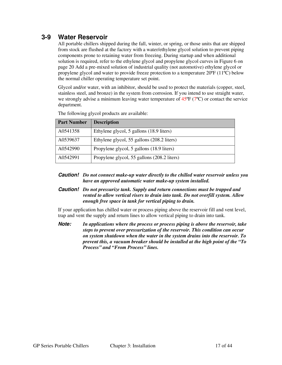 Sterling GP Series specifications Water Reservoir, Part Number Description 