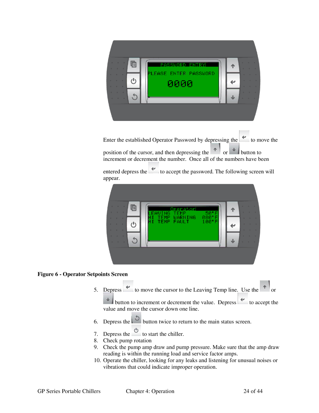 Sterling GP Series specifications Operator Setpoints Screen 