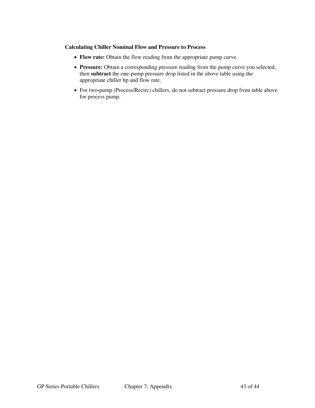 Sterling GP Series specifications Calculating Chiller Nominal Flow and Pressure to Process 