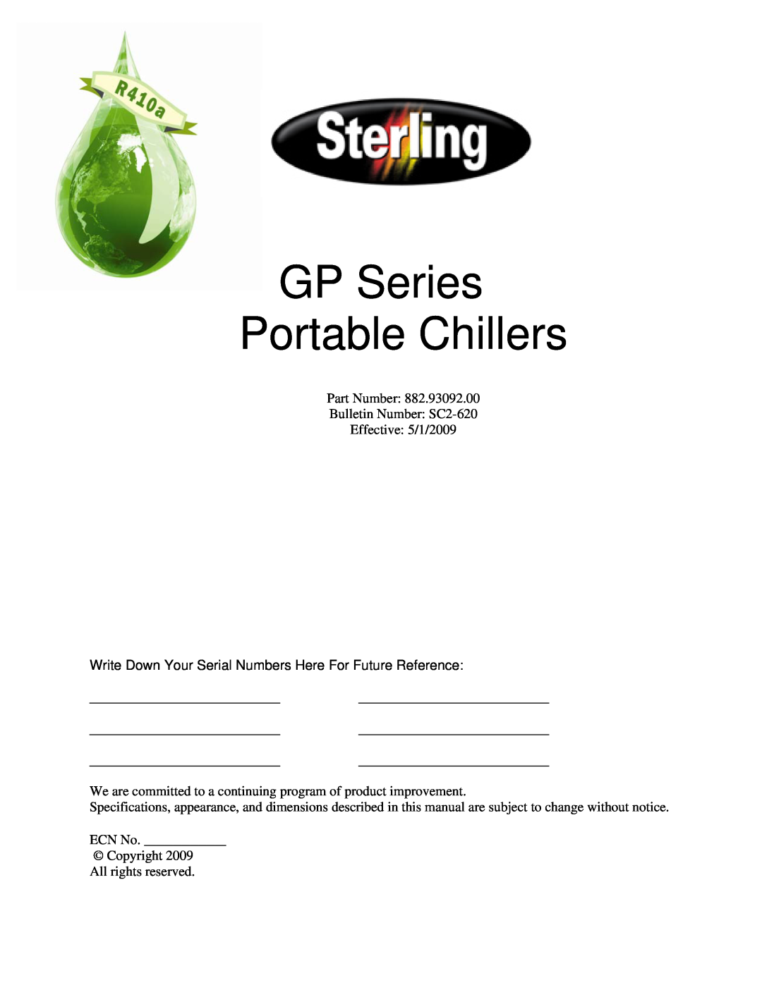 Sterling specifications GP Series Portable Chillers, Part Number Bulletin Number SC2-620 Effective 5/1/2009 