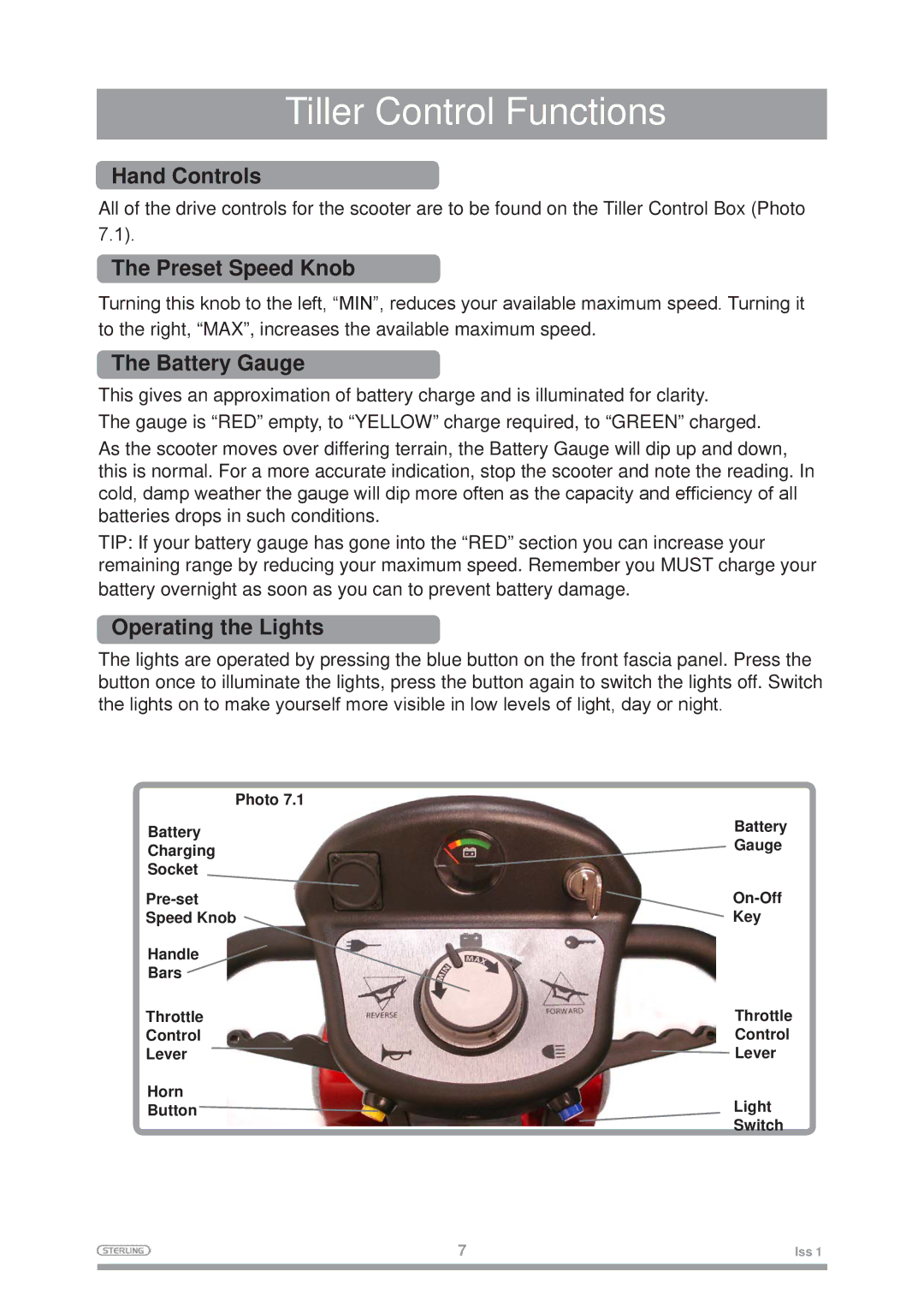 Sterling Mobility Scooter Tiller Control Functions, Hand Controls, Preset Speed Knob, Battery Gauge, Operating the Lights 