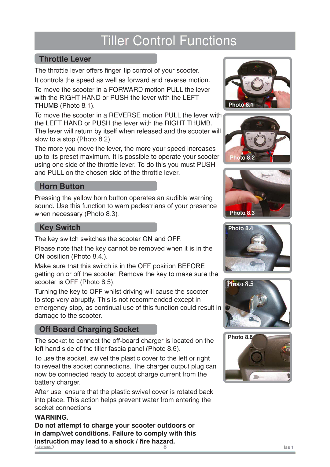 Sterling Mobility Scooter owner manual Throttle Lever, Horn Button, Key Switch, Off Board Charging Socket 