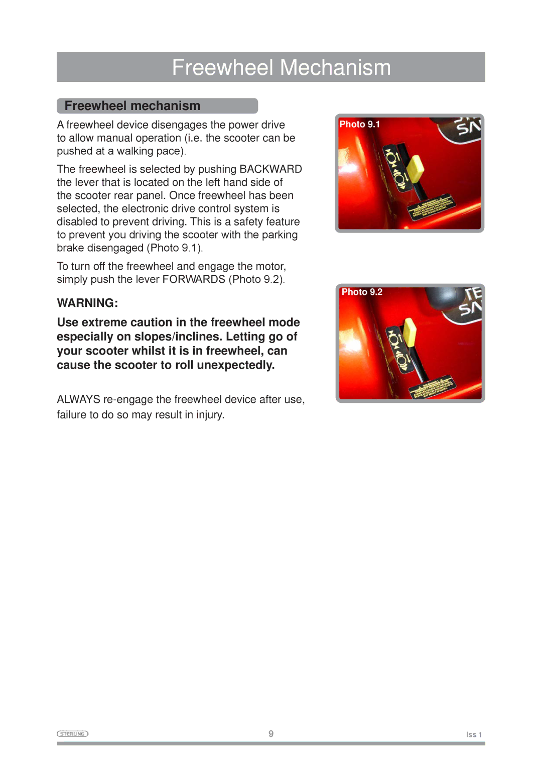 Sterling Mobility Scooter owner manual Freewheel Mechanism, Freewheel mechanism 