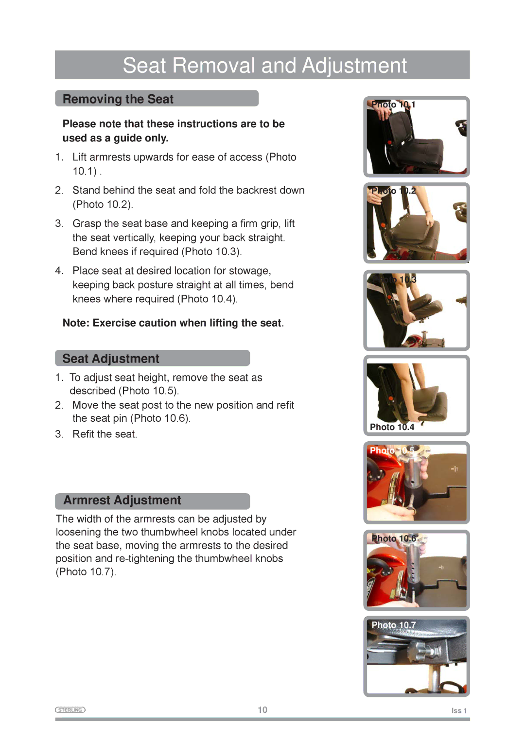 Sterling Mobility Scooter owner manual Seat Removal and Adjustment, Removing the Seat, Seat Adjustment, Armrest Adjustment 