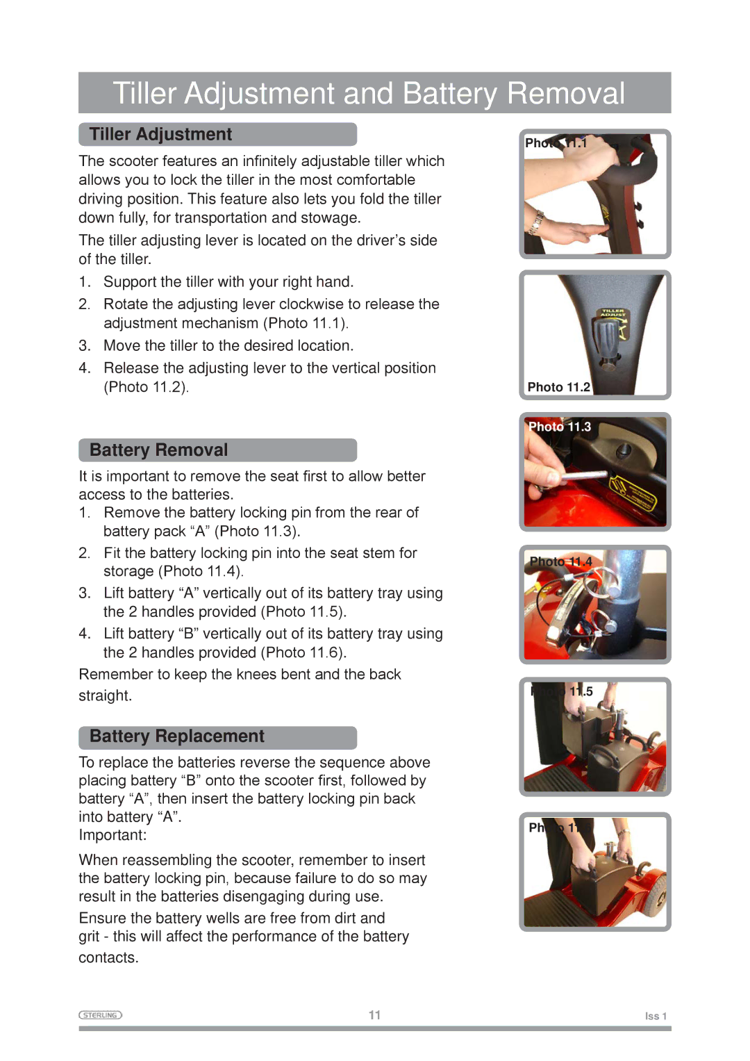 Sterling Mobility Scooter owner manual Tiller Adjustment and Battery Removal, Battery Replacement 