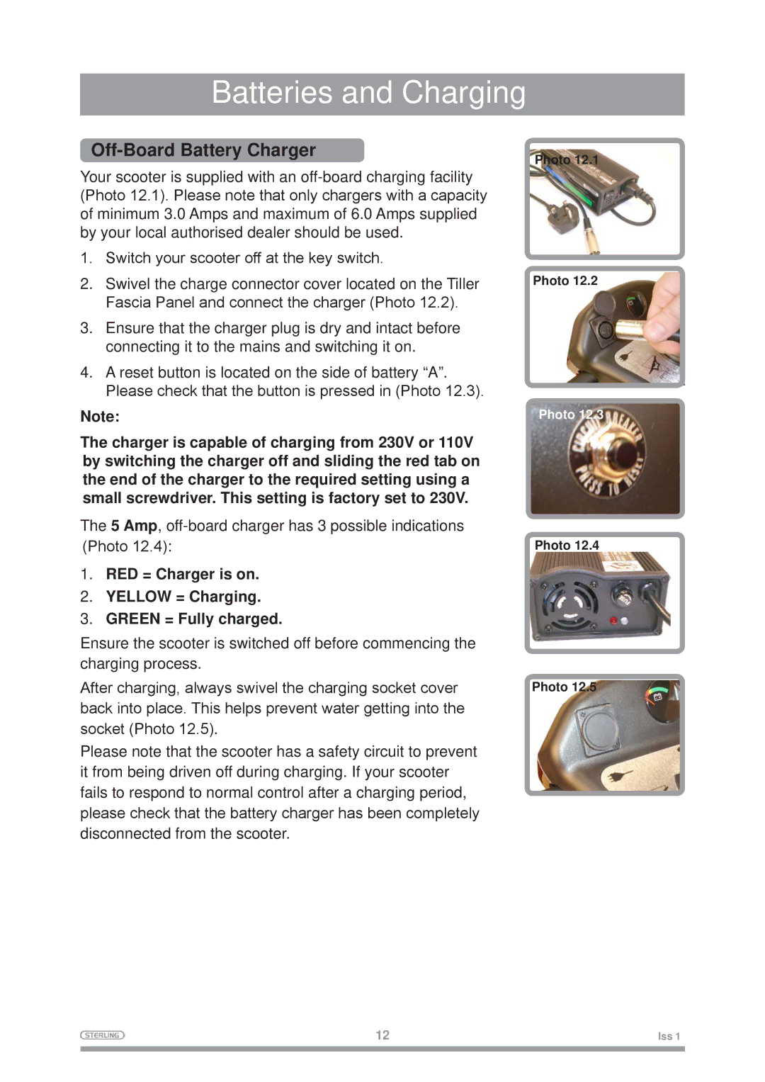 Sterling Mobility Scooter owner manual Batteries and Charging, Off-Board Battery Charger 