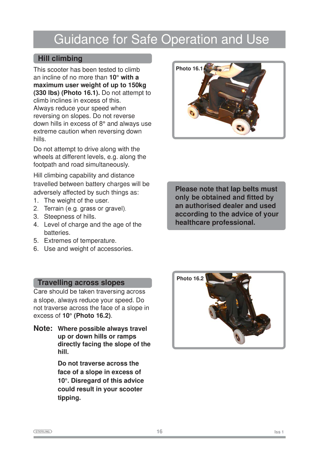 Sterling Mobility Scooter owner manual Hill climbing, Travelling across slopes 