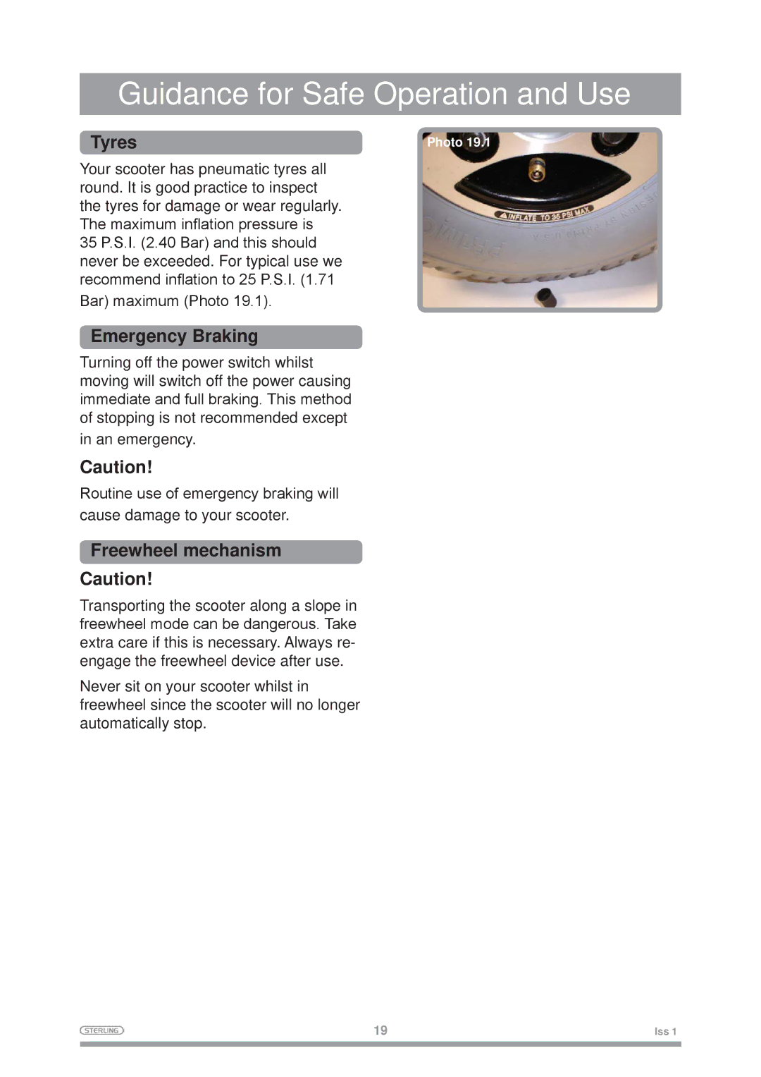 Sterling Mobility Scooter owner manual Tyres, Freewheel mechanism 