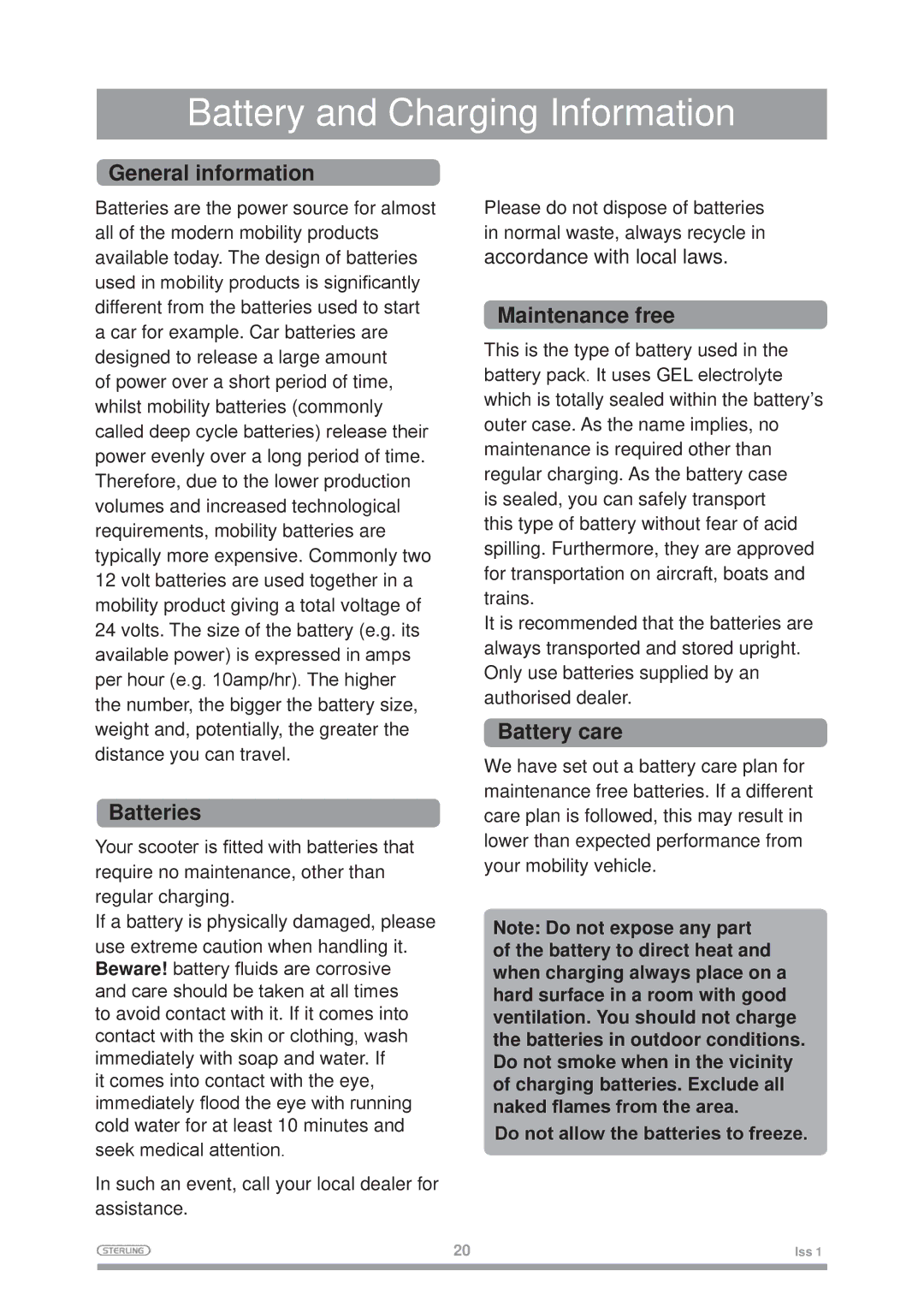 Sterling Mobility Scooter Battery and Charging Information, General information, Batteries, Maintenance free, Battery care 