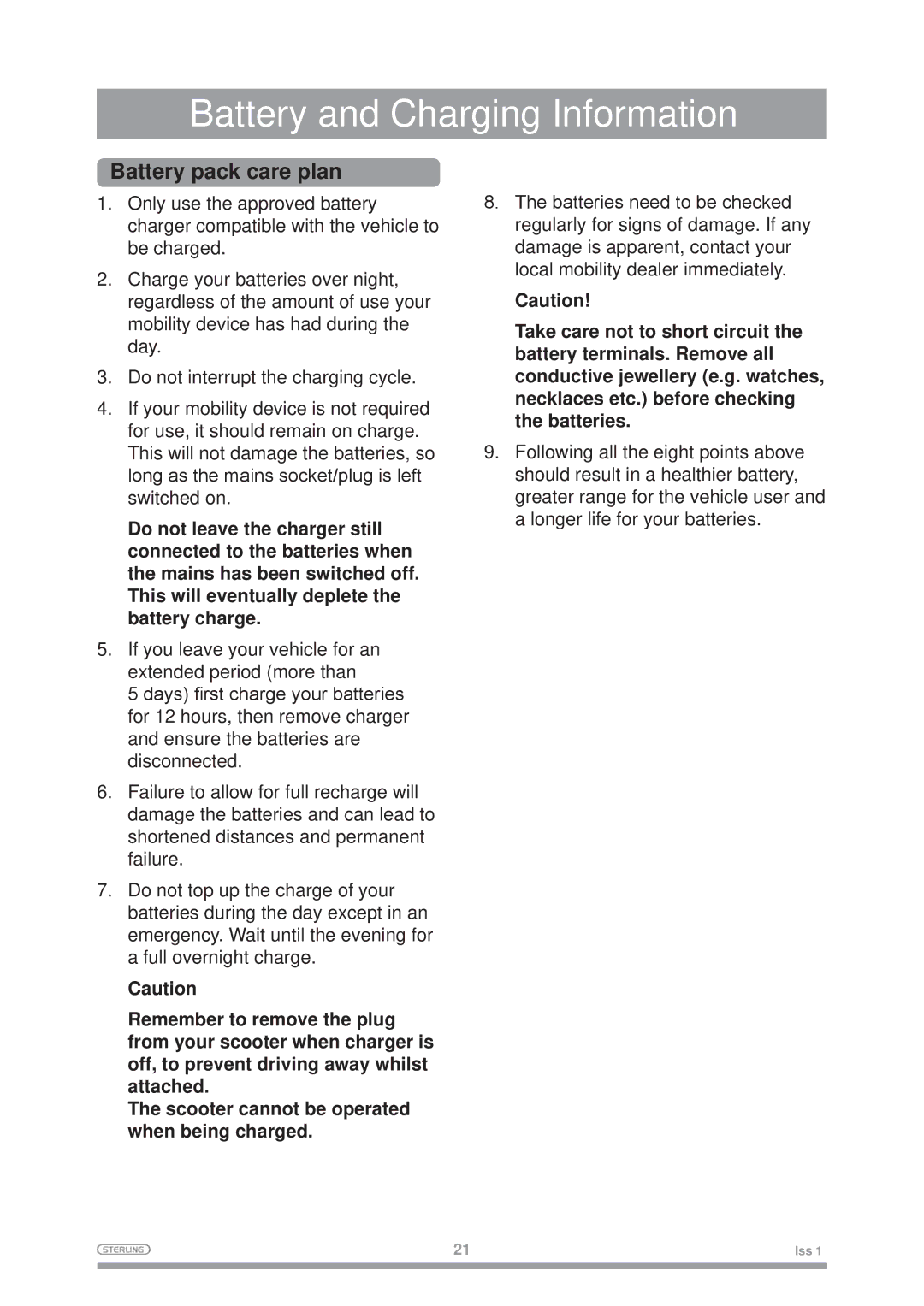 Sterling Mobility Scooter owner manual Battery pack care plan 