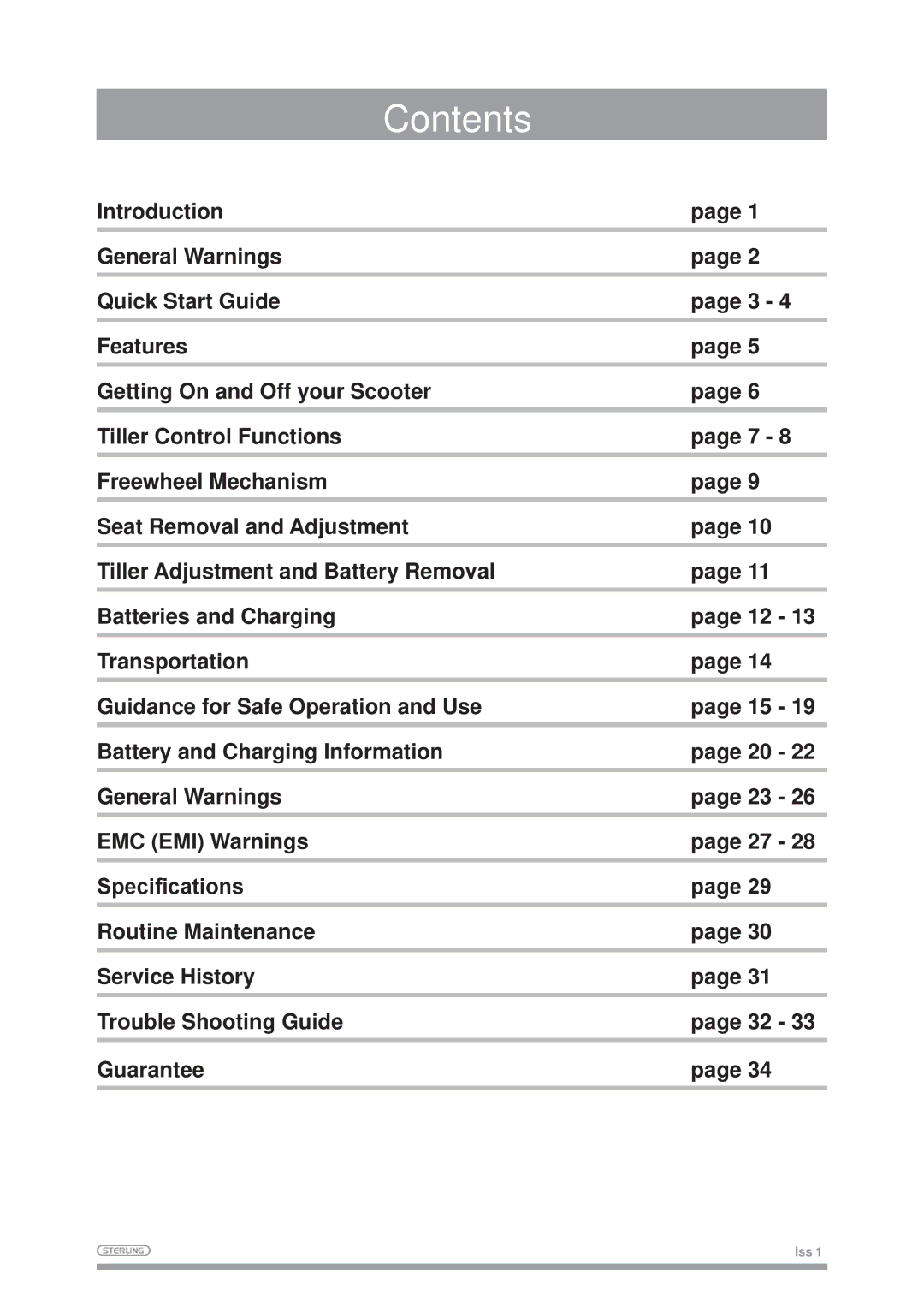 Sterling Mobility Scooter owner manual Contents 