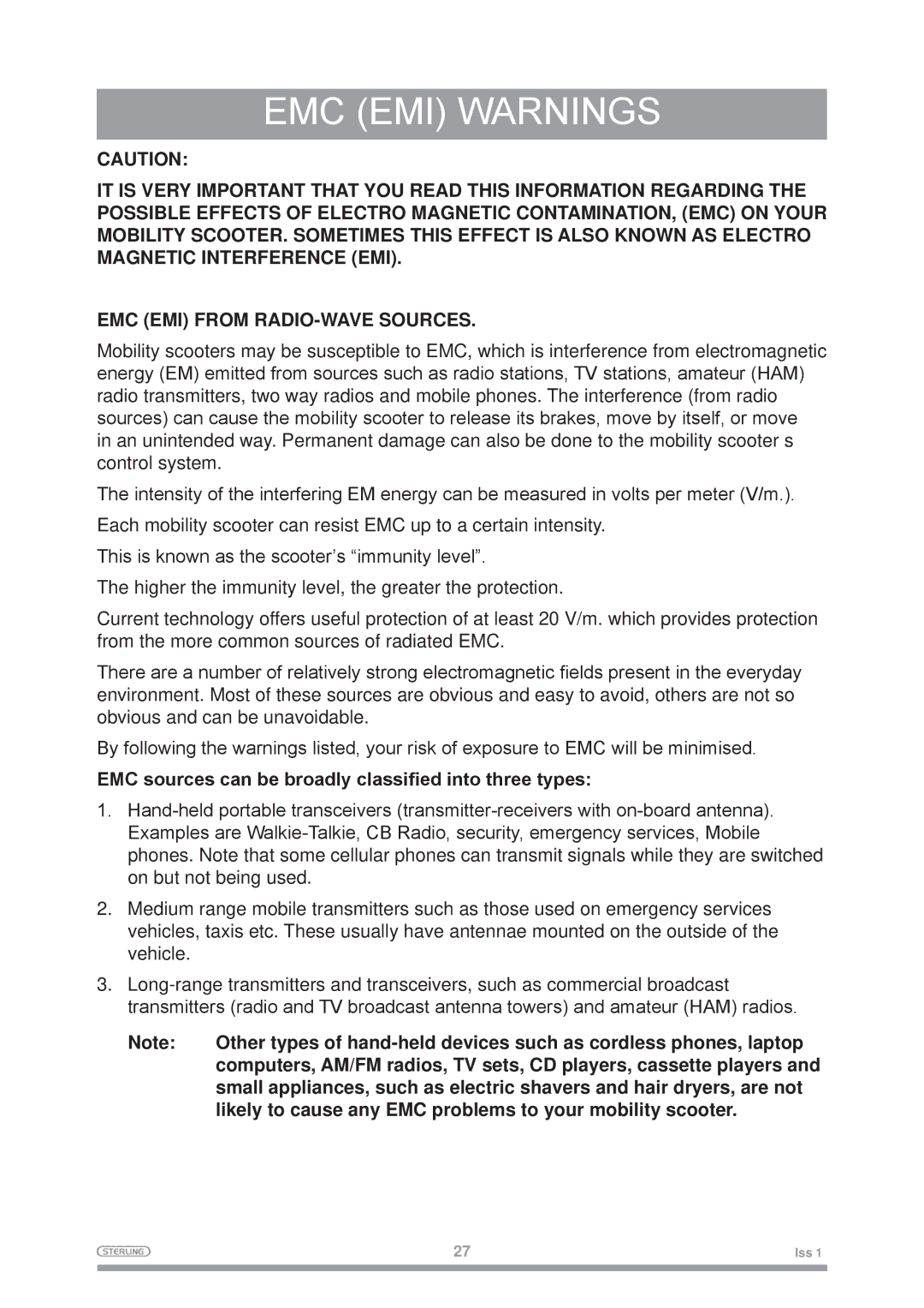 Sterling Mobility Scooter owner manual EMC EMI Warnings 