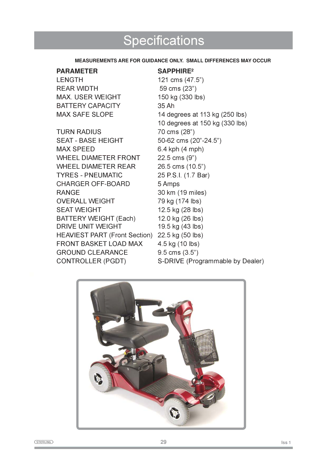 Sterling Mobility Scooter owner manual Specifications, Parameter SAPPHIRE² 