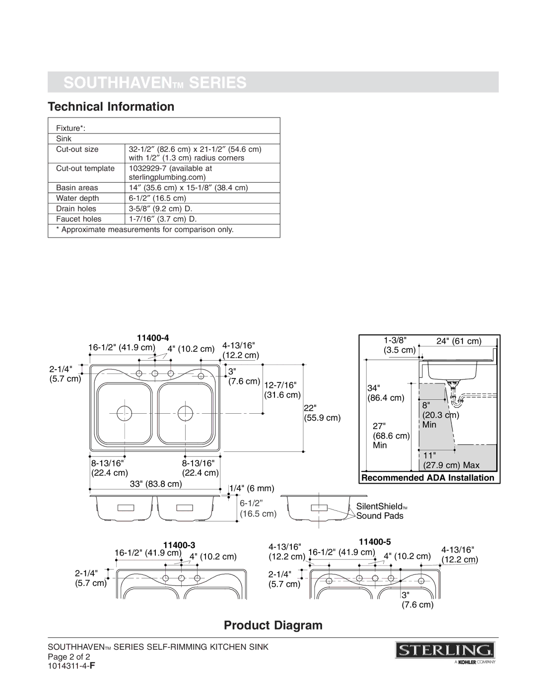 Sterling Plumbing 11400 installation instructions Technical Information, Product Diagram 