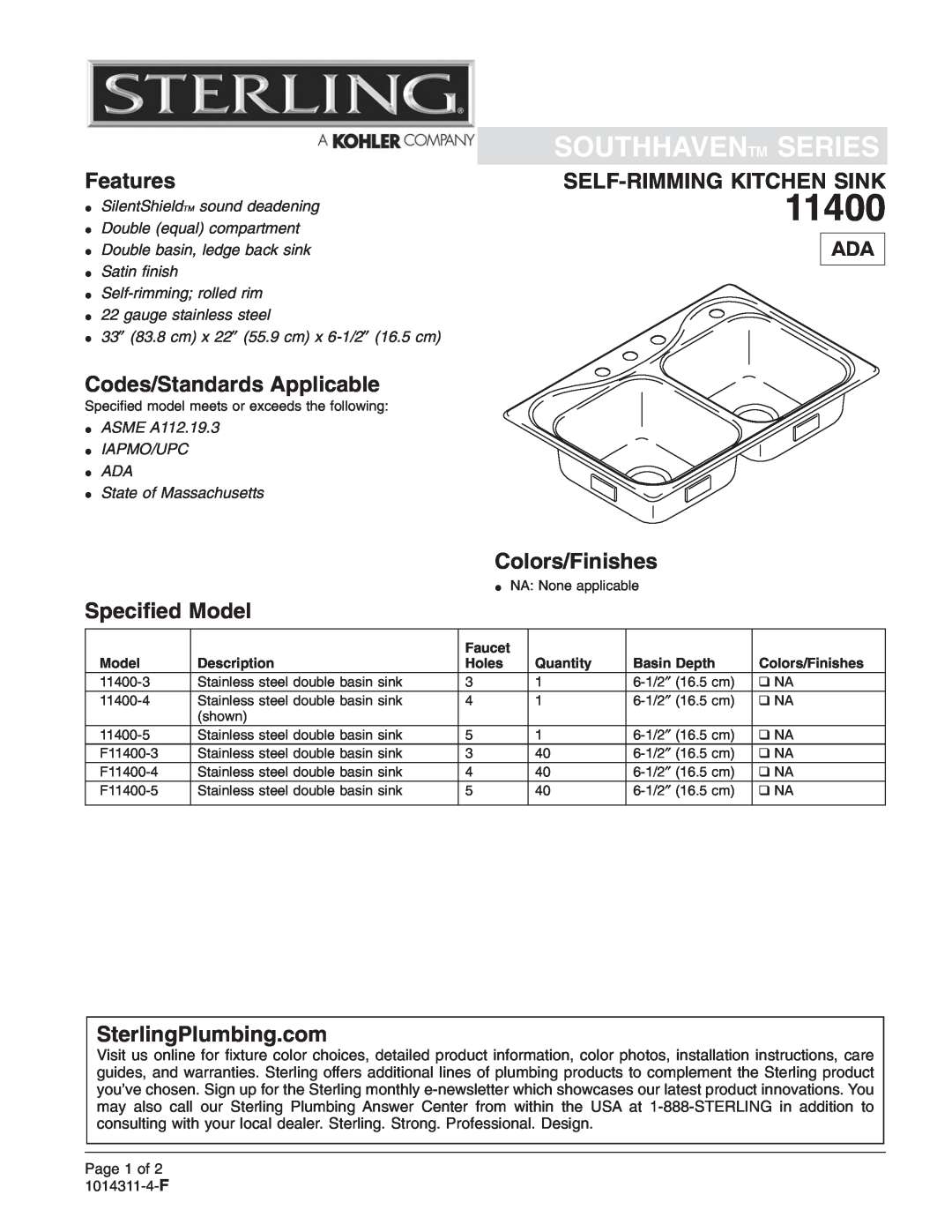 Sterling Plumbing 11400 installation instructions Southhaventm Series, Features, Self-Rimmingkitchen Sink, Colors/Finishes 