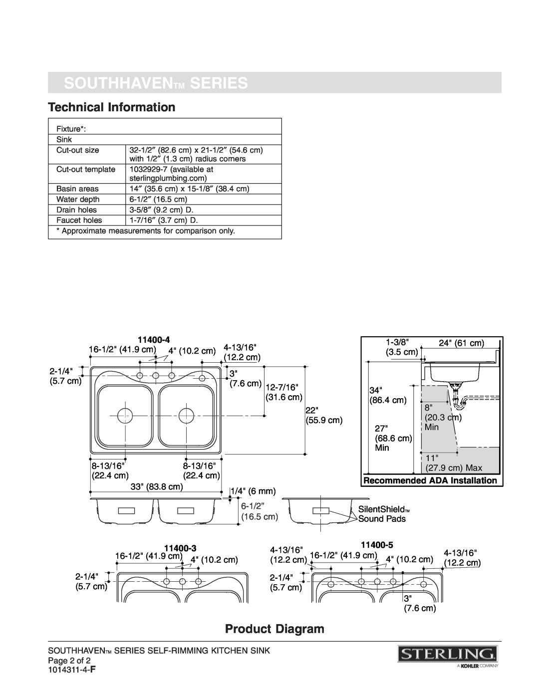 Sterling Plumbing Technical Information, Product Diagram, Southhaventm Series, 11400-4, Recommended ADA Installation 