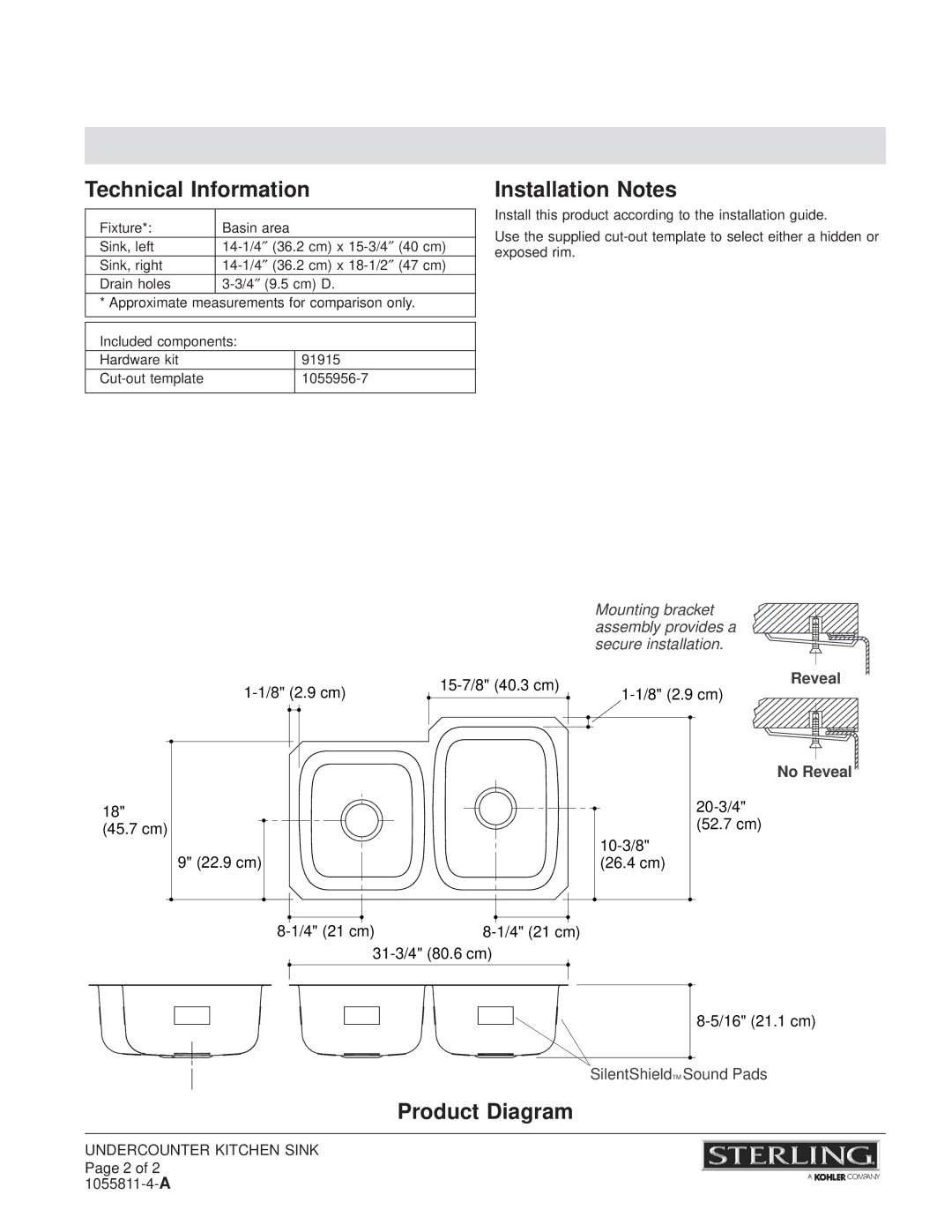 Sterling Plumbing 11409-L installation instructions Technical Information, Installation Notes, Product Diagram, No Reveal 