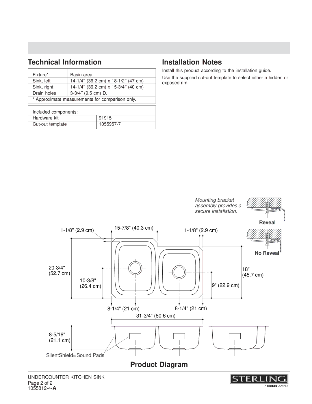 Sterling Plumbing 11409 installation instructions Technical Information, Installation Notes, Product Diagram 