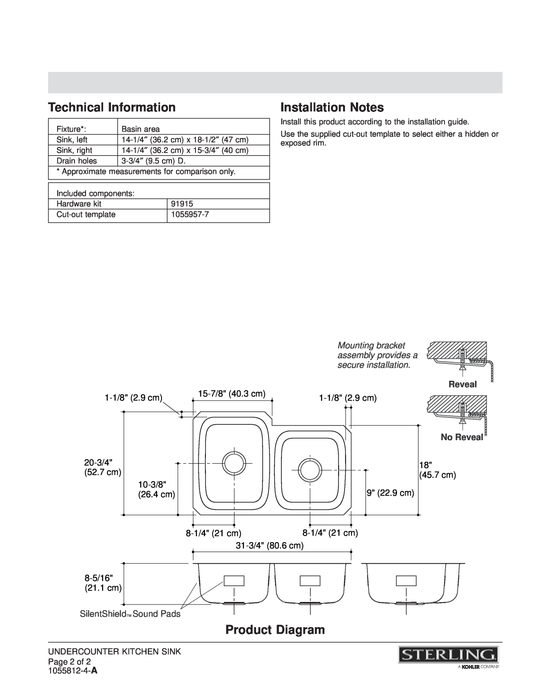 Sterling Plumbing 11409 Technical Information, Installation Notes, Product Diagram, Reveal No Reveal 
