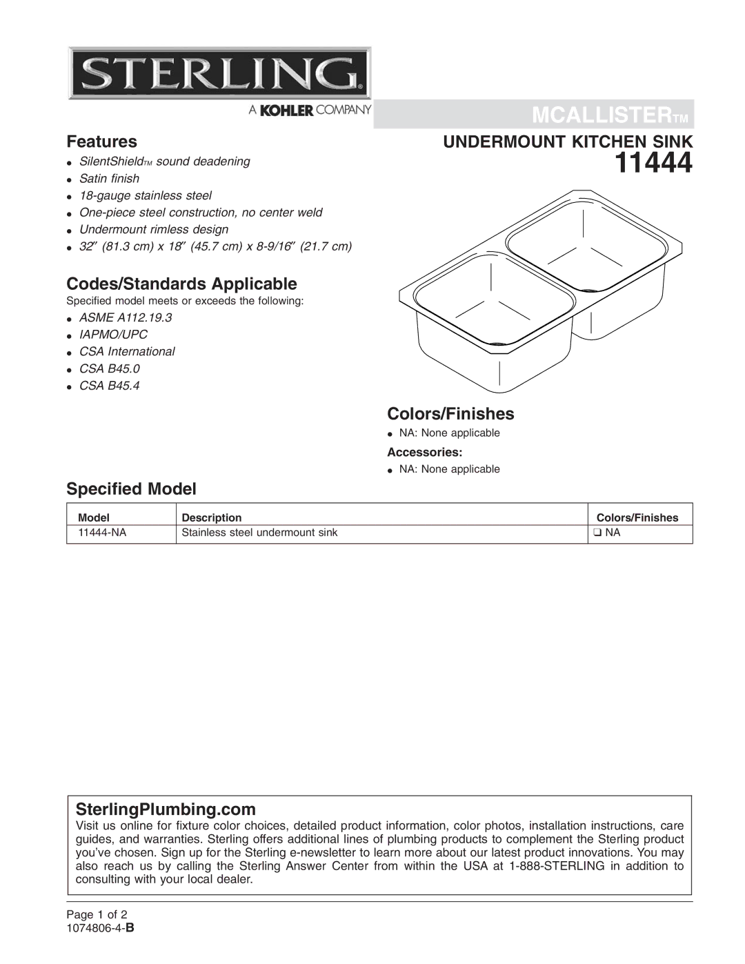 Sterling Plumbing 11444-NA installation instructions 