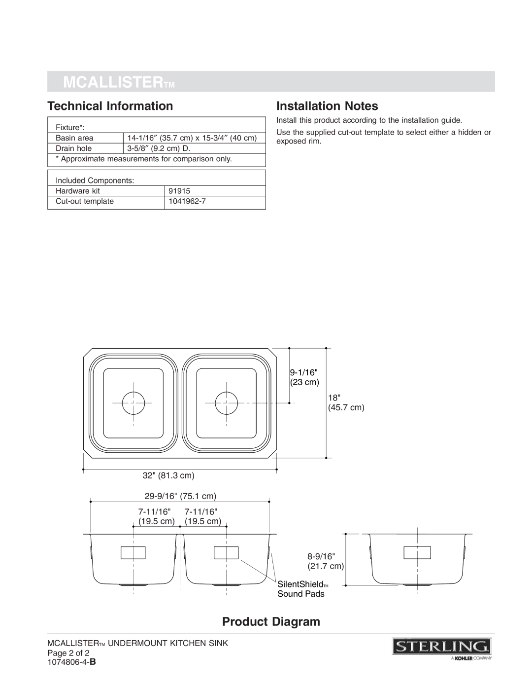 Sterling Plumbing 11444-NA installation instructions Technical Information, Installation Notes, Product Diagram 