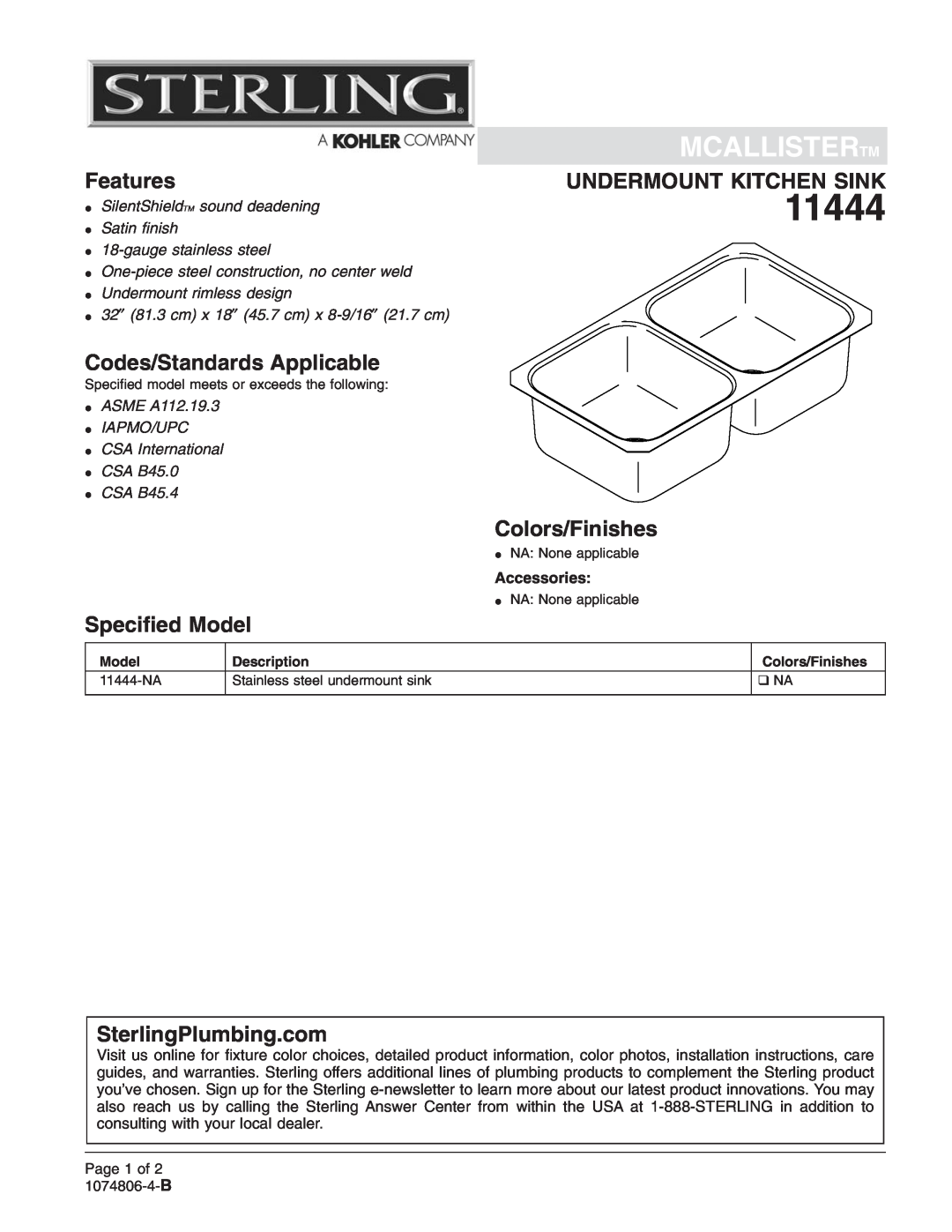 Sterling Plumbing 11444-NA installation instructions Mcallistertm, Features, Undermount Kitchen Sink, Colors/Finishes 