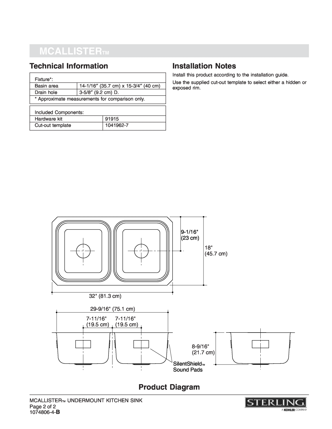 Sterling Plumbing 11444-NA Technical Information, Installation Notes, Product Diagram, Mcallistertm, 9-1/16 23 cm 