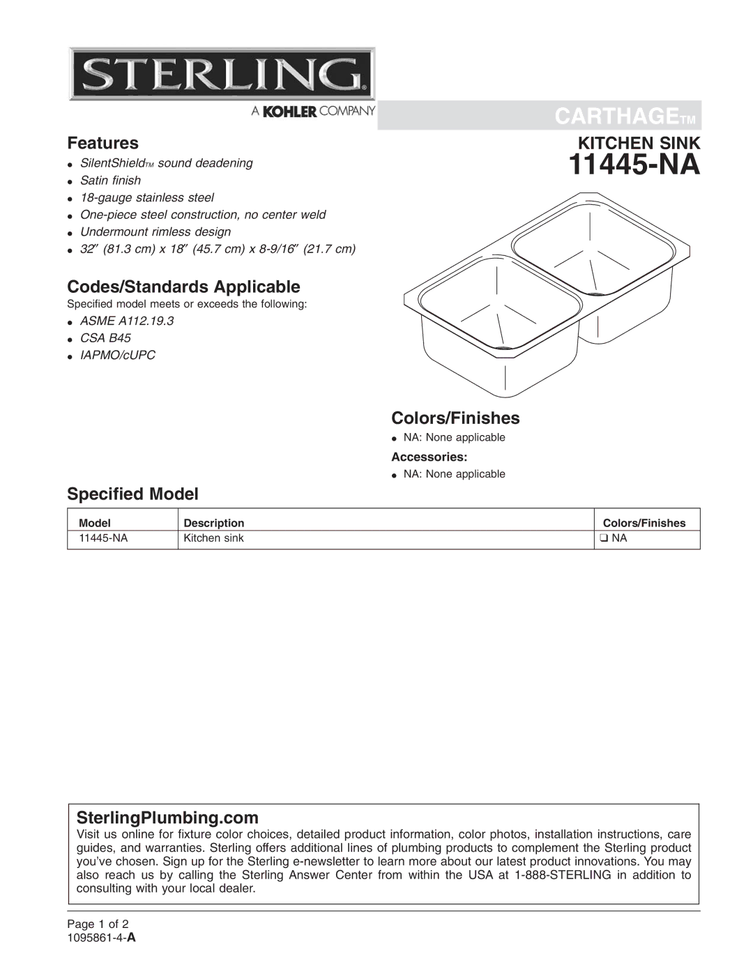 Sterling Plumbing 11445-NA installation instructions 