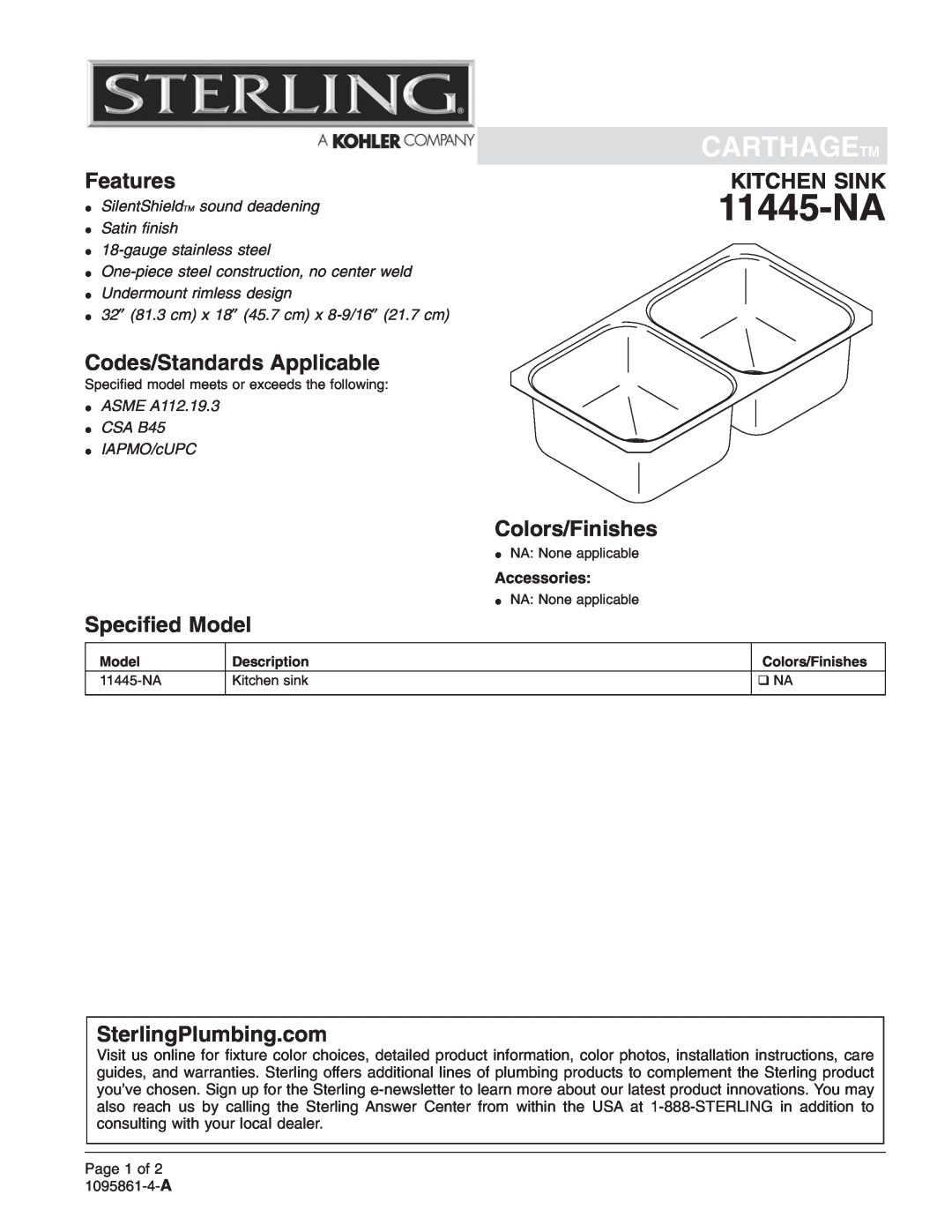 Sterling Plumbing 11445-NA installation instructions Carthagetm, Features, Kitchen Sink, Codes/Standards Applicable 
